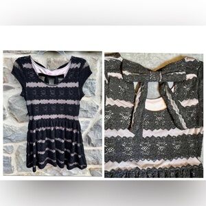 Candie’s Black & Lavender Lace Overlay Bow Accent Fit & Flare Dress Size Large